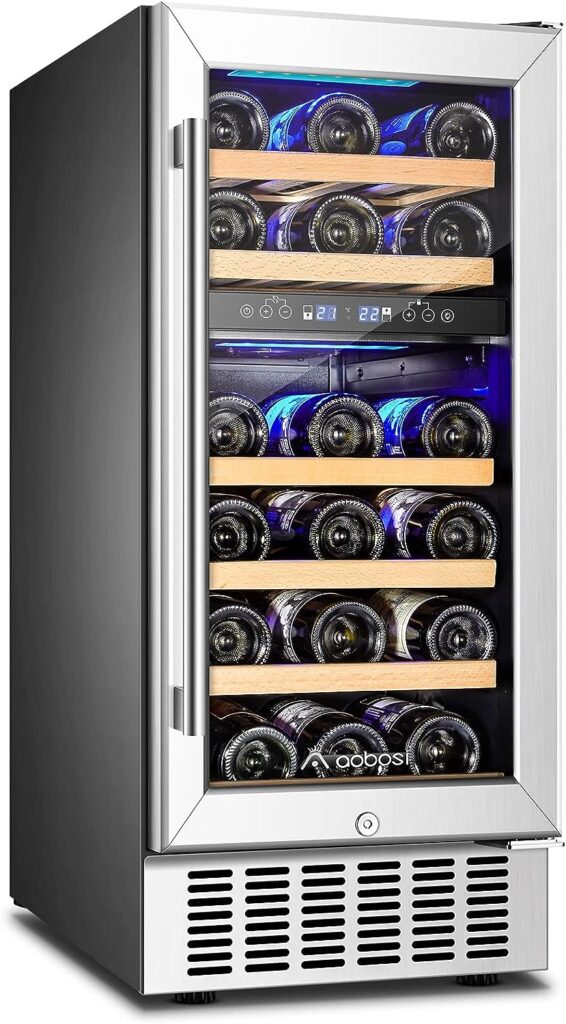 AAOBOSI 【Upgraded】 15 Inch Wine Cooler, 28 Bottle Dual Zone Wine Refrigerator with Stainless Steel Tempered Glass Door,Memory Function, Fit Champagne Bottles, Wine Fridge Freestanding and Built-in