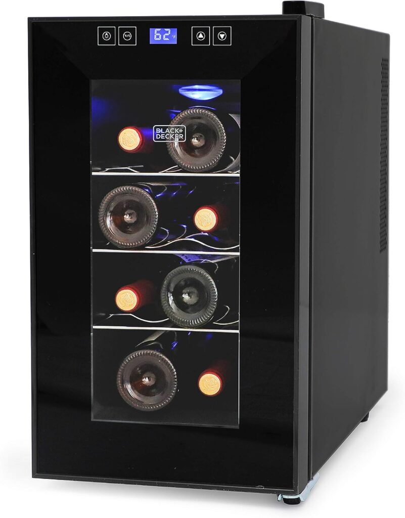 BLACK+DECKER 8 Bottle Wine Fridge, Thermoelectric, Wine Fridge Small with Triple Pane Clear Glass Door, Mini Wine Fridge, BD60026