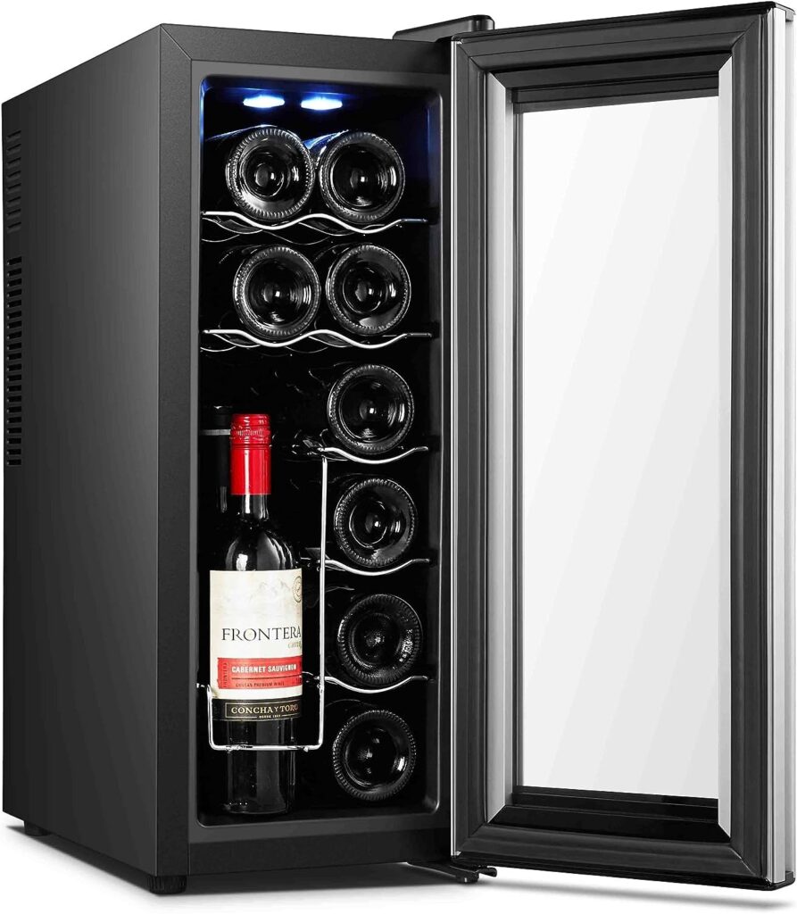 High life DC 12 Bottle Wine Cooler Refrigerator with Thermoelectric Cooling, Optimal Drink Temperature, Iceless, Leakproof, Quiet Mini Fridge, Vertical and Horizontal Storage, Freestanding