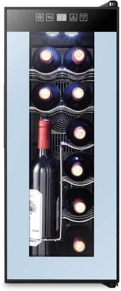 High life DC 12 Bottle Wine Cooler Refrigerator with Thermoelectric Cooling, Optimal Drink Temperature, Iceless, Leakproof, Quiet Mini Fridge, Vertical and Horizontal Storage, Freestanding