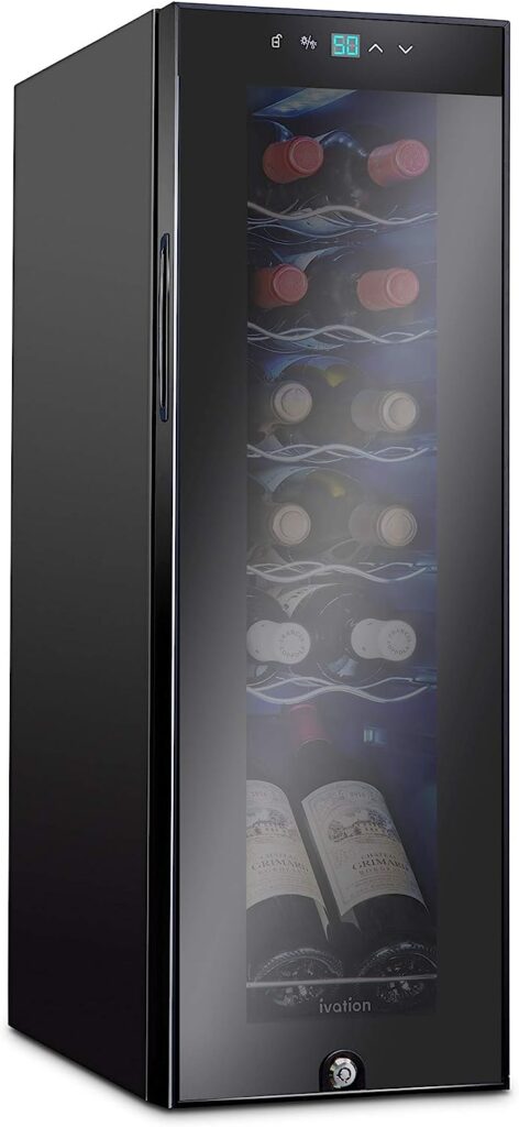 Ivation 12 Bottle Compressor Wine Cooler Refrigerator w/Lock | Large Freestanding Wine Cellar For Red, White, Champagne or Sparkling Wine | 41f-64f Digital Temperature Control Fridge Glass Door Black