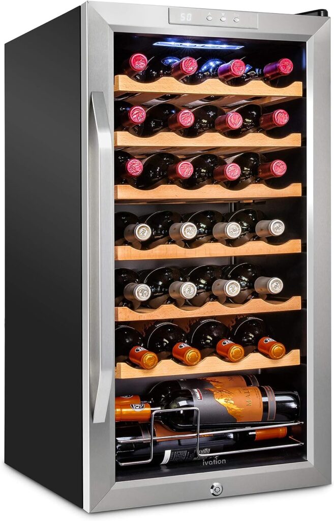 Ivation 28 Bottle Compressor Wine Cooler Refrigerator w/Lock | Large Freestanding Wine Cellar For Red, White, Champagne or Sparkling Wine | 41f-64f Digital Temperature Control Fridge Stainless Steel