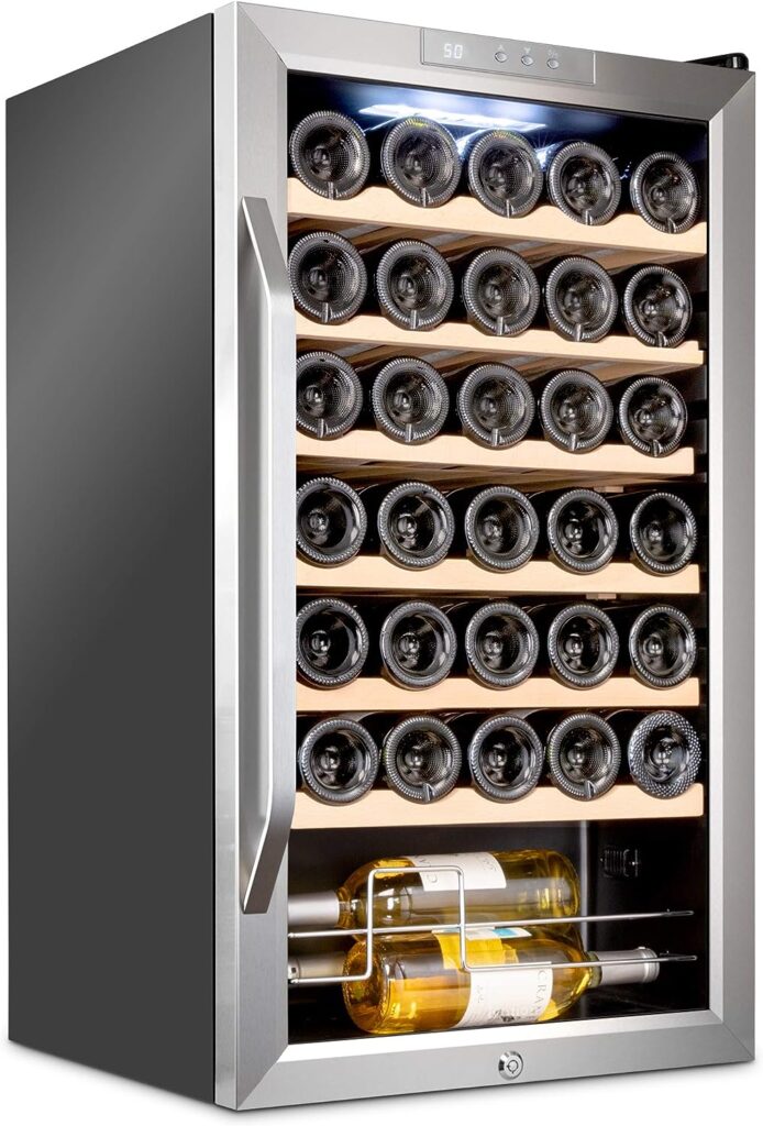 Ivation 34 Bottle Compressor Wine Cooler Refrigerator w/Lock | Large Freestanding Wine Cellar For Red, White, Champagne or Sparkling Wine | 41f-64f Digital Temperature Control Fridge Stainless Steel