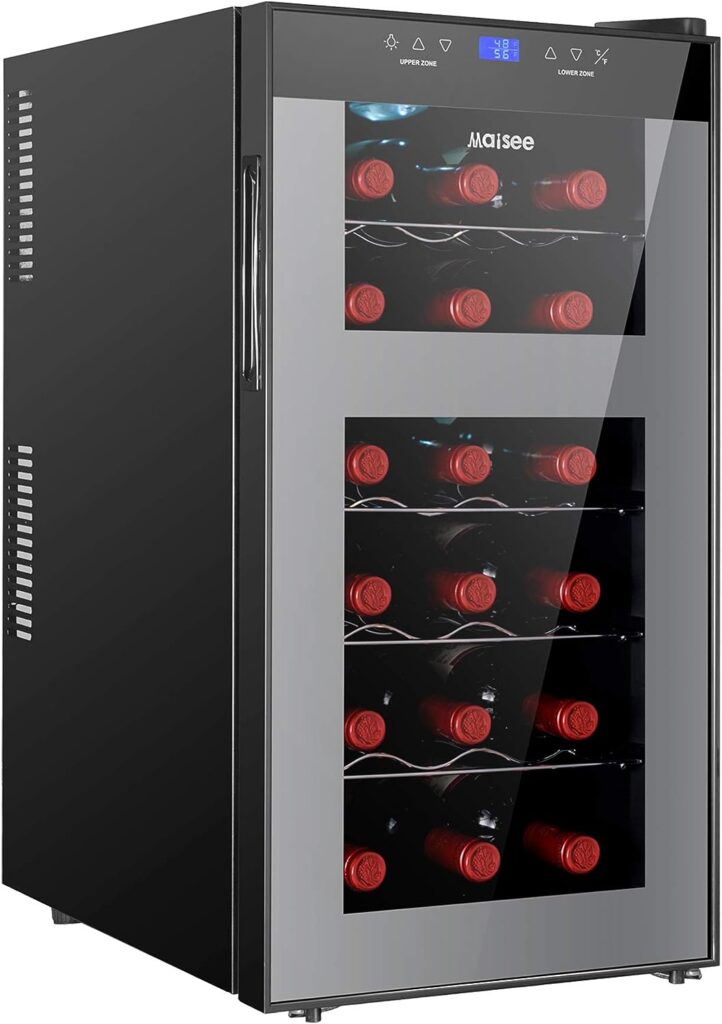 maisee Wine Fridge Dual Zone,18 Bottles Wine Cooler Refrigerator Chiller Upper Zone 46f-54f Lower Zone 54f-65f for Red White Wine Champagne in Home Office Bedroom Countertop （18 Bottles,Black