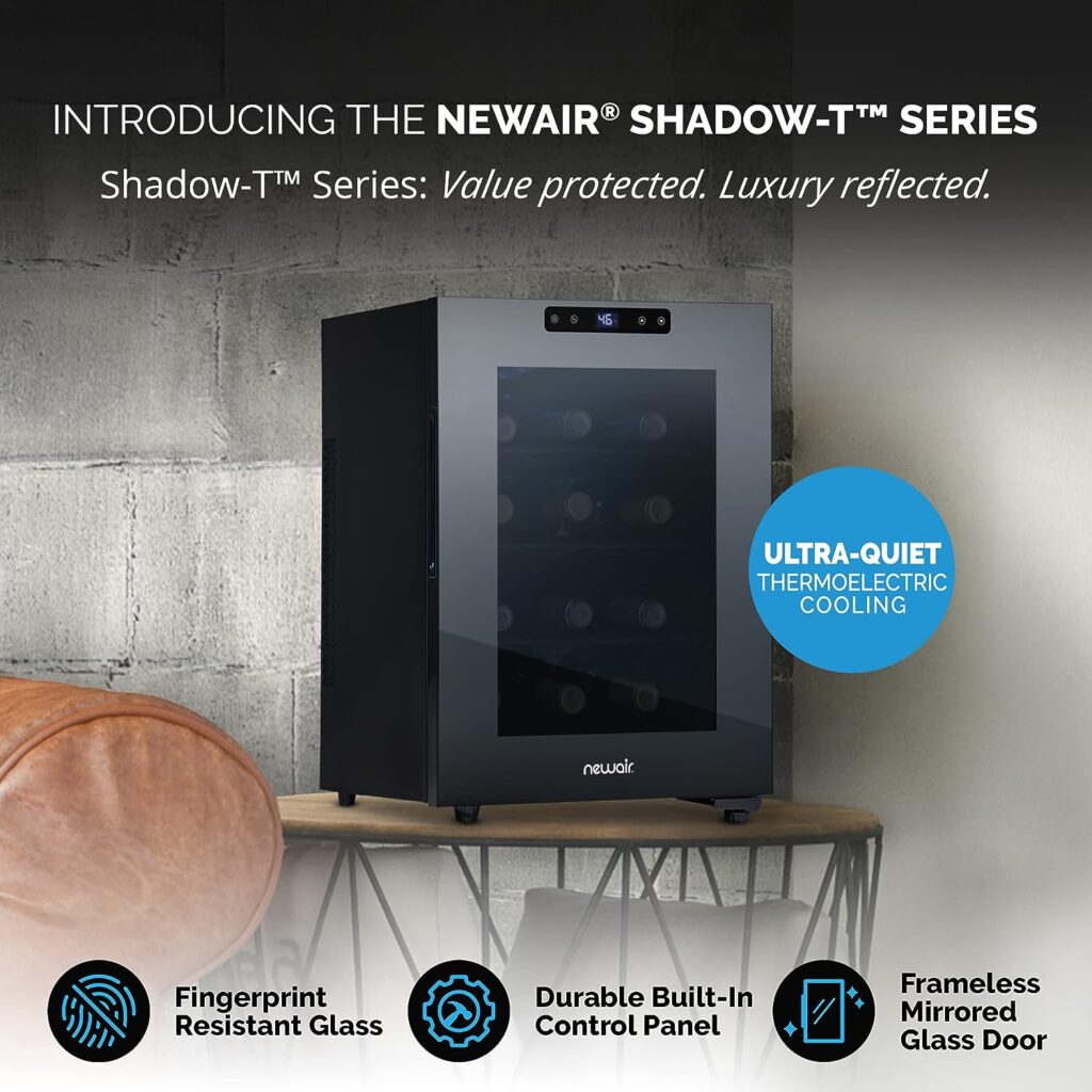 NewAir Shadow-T Series Wine Cooler Refrigerator | 12 Bottle | Countertop Mirrored Compact Wine Cellar with Triple-Layer Tempered Glass Door | Vibration-Free  Ultra-Quiet Thermoelectric Cooling