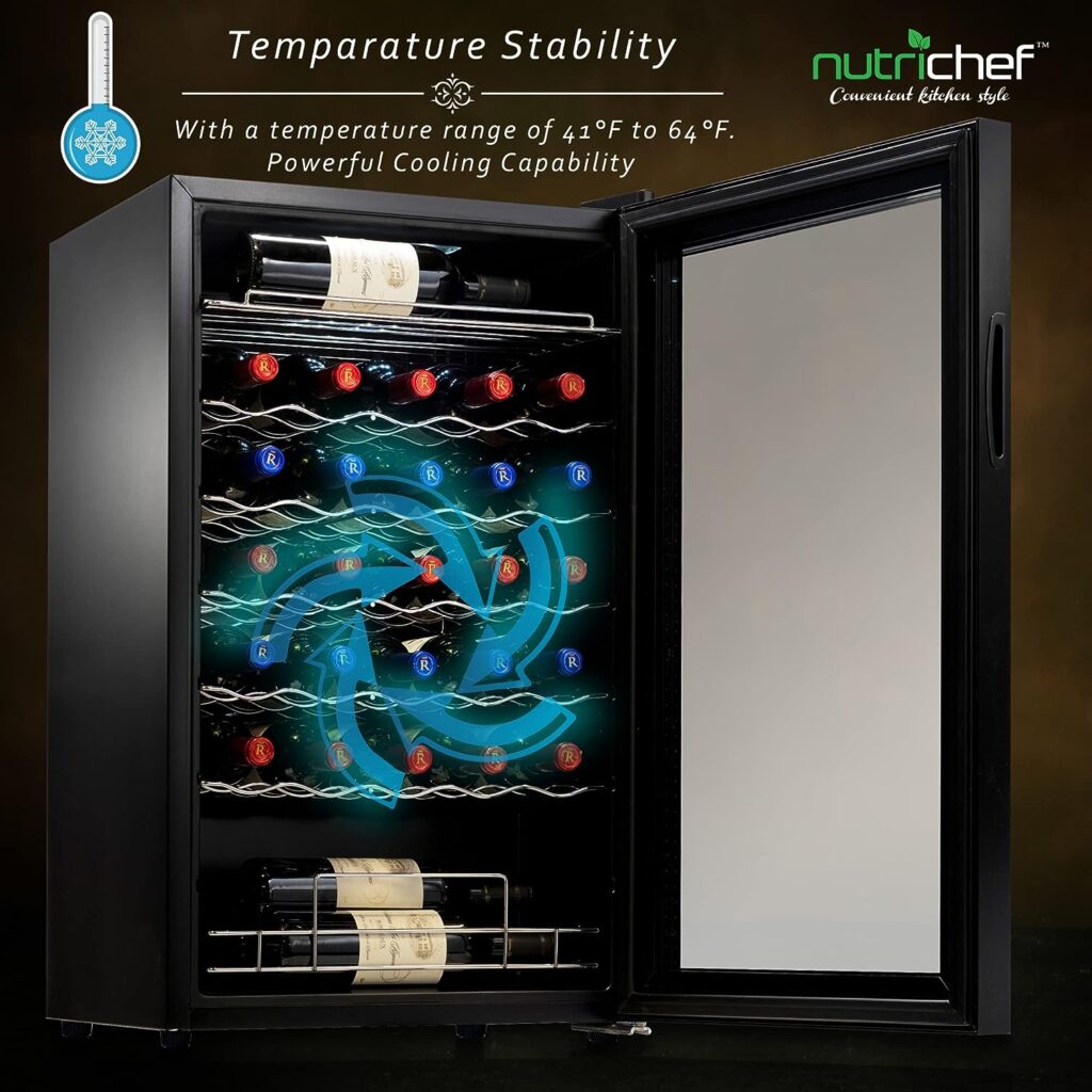 NutriChef 34 Bottle Compressor Wine Cooler Refrigerator Cooling System | Large Freestanding Wine Cellar Fridge For Red And White Champagne or Sparkling, Black Glass Door