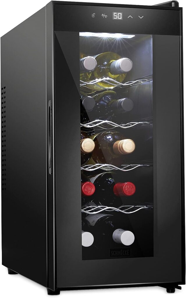 Schmécké 10 Bottle Red And White Wine Thermoelectric Wine Cooler/Chiller Counter Top Wine Cellar with Digital Temperature Display, Freestanding Refrigerator Smoked Glass Door Quiet Operation Fridge