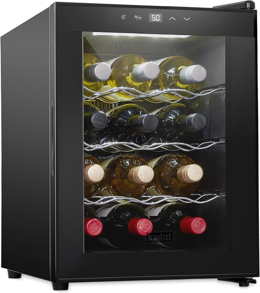 Schmécké 12 Bottle Red And White Wine Thermoelectric Wine Cooler/Chiller Counter Top Wine Cellar with Digital Temperature Display, Freestanding Refrigerator Smoked Glass Door Quiet Operation Fridge