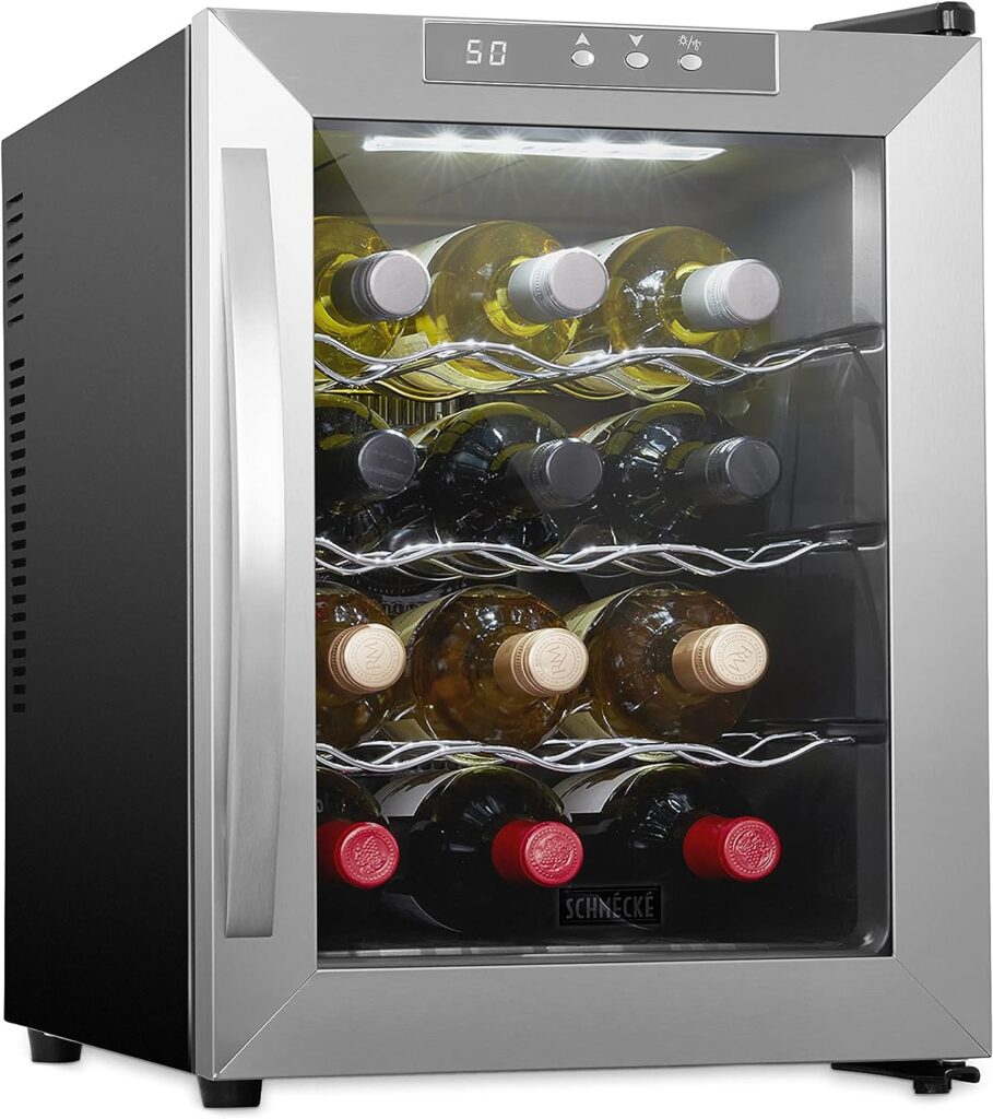 Schmécké 12 Bottle Thermoelectric Wine Cooler/Chiller - Stainless Steel - Counter Top Red  White Wine Cellar w/Digital Temperature, Freestanding Refrigerator Smoked Glass Door Quiet Operation Fridge