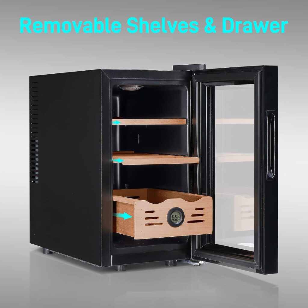 Bonnlo Electric Cooler Humidor, 25L /150 Counts Capacity Electronic Humidor with 2 Spanish Cedar Wood Shelves  Drawer