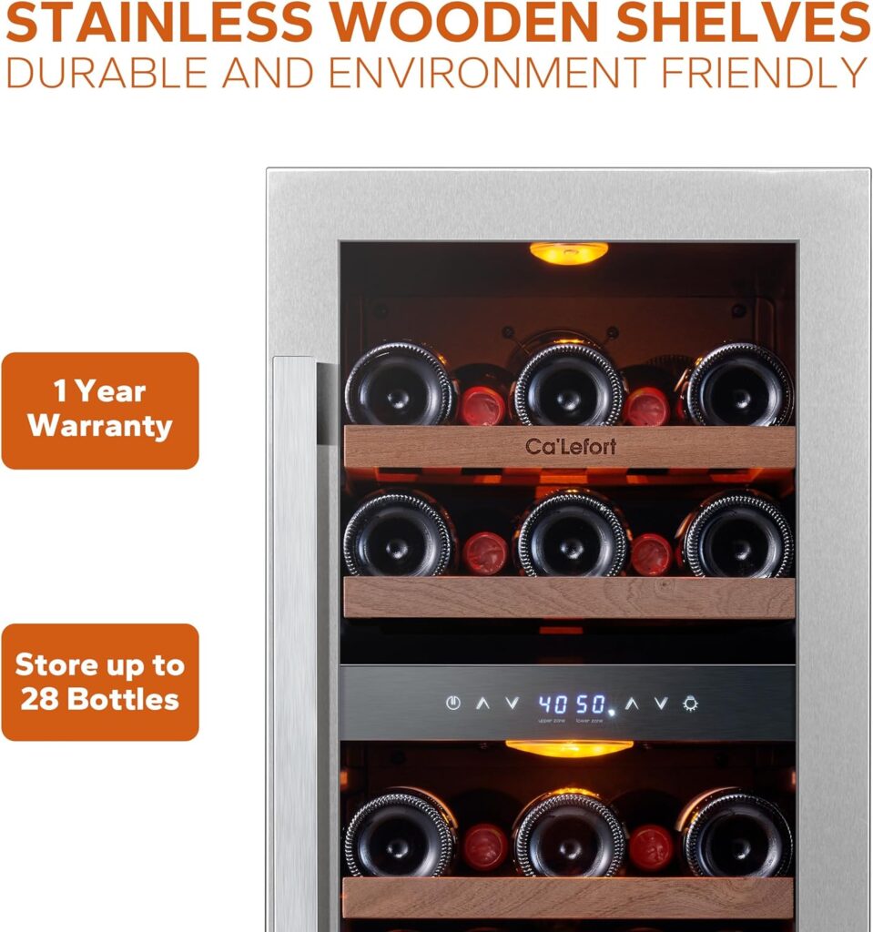 CaLefort 15 Wine Cooler Refrigerator - 28 Bottle Wine Fridge Dual Zone with Modern Touch Intelligent Digital 40°-65°F Low Noise, Built in or Freestanding Wine Cooler for Home and Kitchen