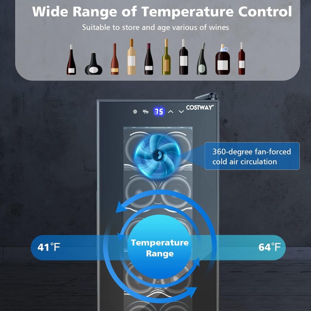 COSTWAY 10 Inch Wine Cooler Refrigerator, 12 Bottles Compressor Wine Cellar w/ Digital Temperature Control, Double-Layer Door  LED Lights, Freestanding or Built-in Mini Wine Fridge for Home Bar Office