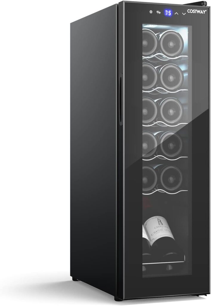 COSTWAY 10 Inch Wine Cooler Refrigerator, 12 Bottles Compressor Wine Cellar w/ Digital Temperature Control, Double-Layer Door  LED Lights, Freestanding or Built-in Mini Wine Fridge for Home Bar Office