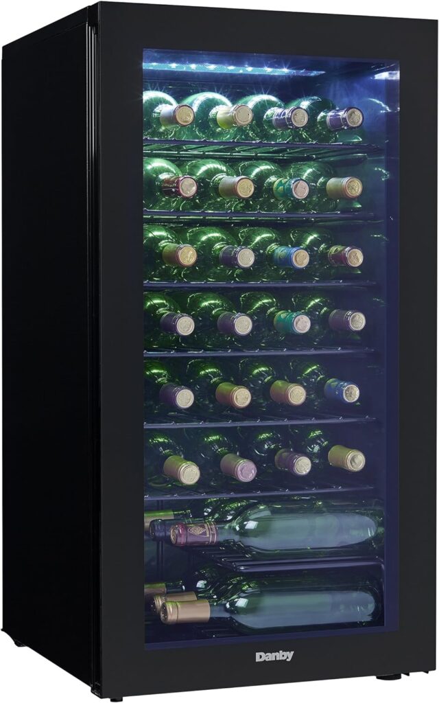 Danby DWC036A2BDB-6 3.3 Cu. Ft. Free Standing Wine Cooler, Holds 36 Bottles, Single Zone Drinks Fridge with Glass Door-Beverage Chiller for Kitchen, Home Bar, in Black