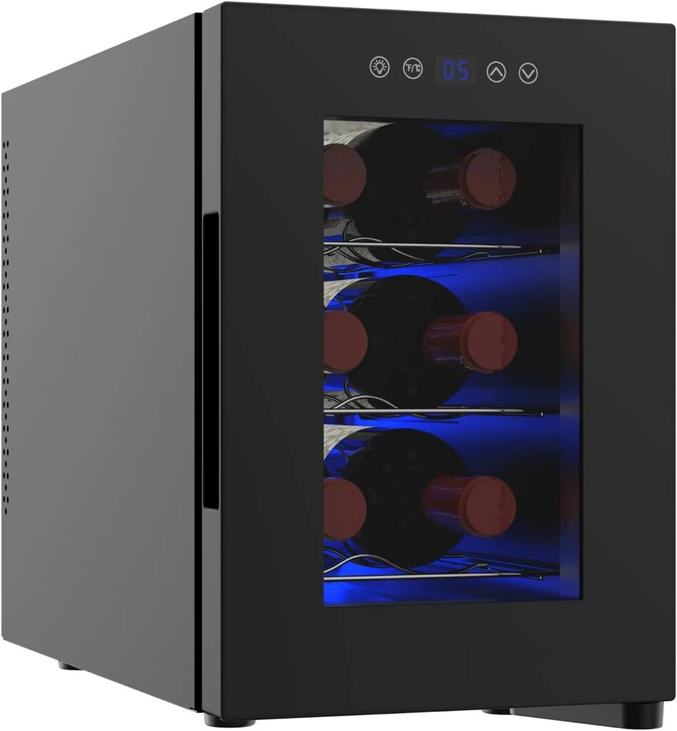 Fhdpeebu 6-Bottle Wine Cooler Refrigerator, 13-Liter Mini Fridge Freestanding with Wine Rack and Temperature Control,Mini Wine Cabinet for Red, White or Sparkling,for Small Kitchen, Apartment