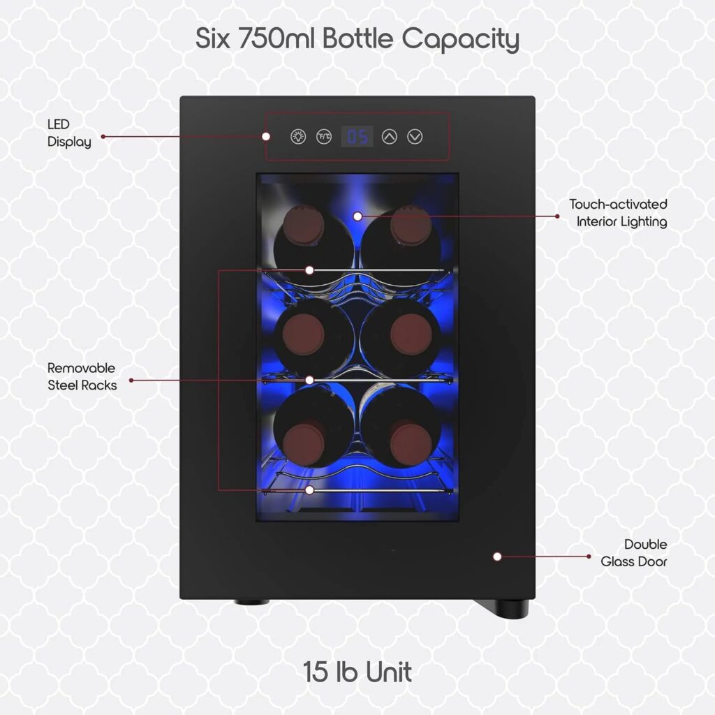 Fhdpeebu 6-Bottle Wine Cooler Refrigerator, 13-Liter Mini Fridge Freestanding with Wine Rack and Temperature Control,Mini Wine Cabinet for Red, White or Sparkling,for Small Kitchen, Apartment