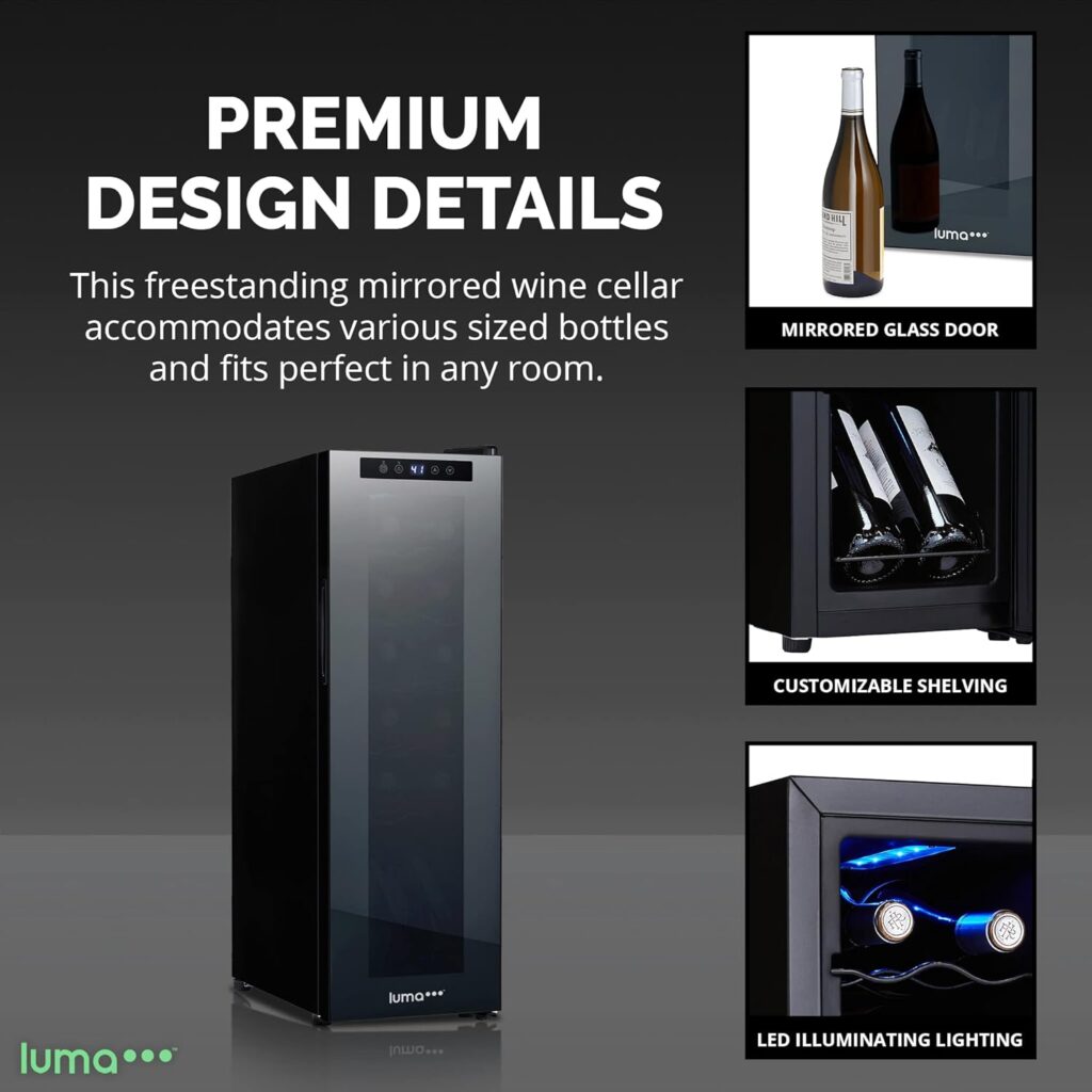 Luma Comfort Shadow Series Wine Cooler Refrigerator 12 Bottle, Freestanding Mirrored Wine Fridge with Double-Layer Tempered Glass Door  Compressor Cooling for Reds, Whites, and Sparkling Wine,Black