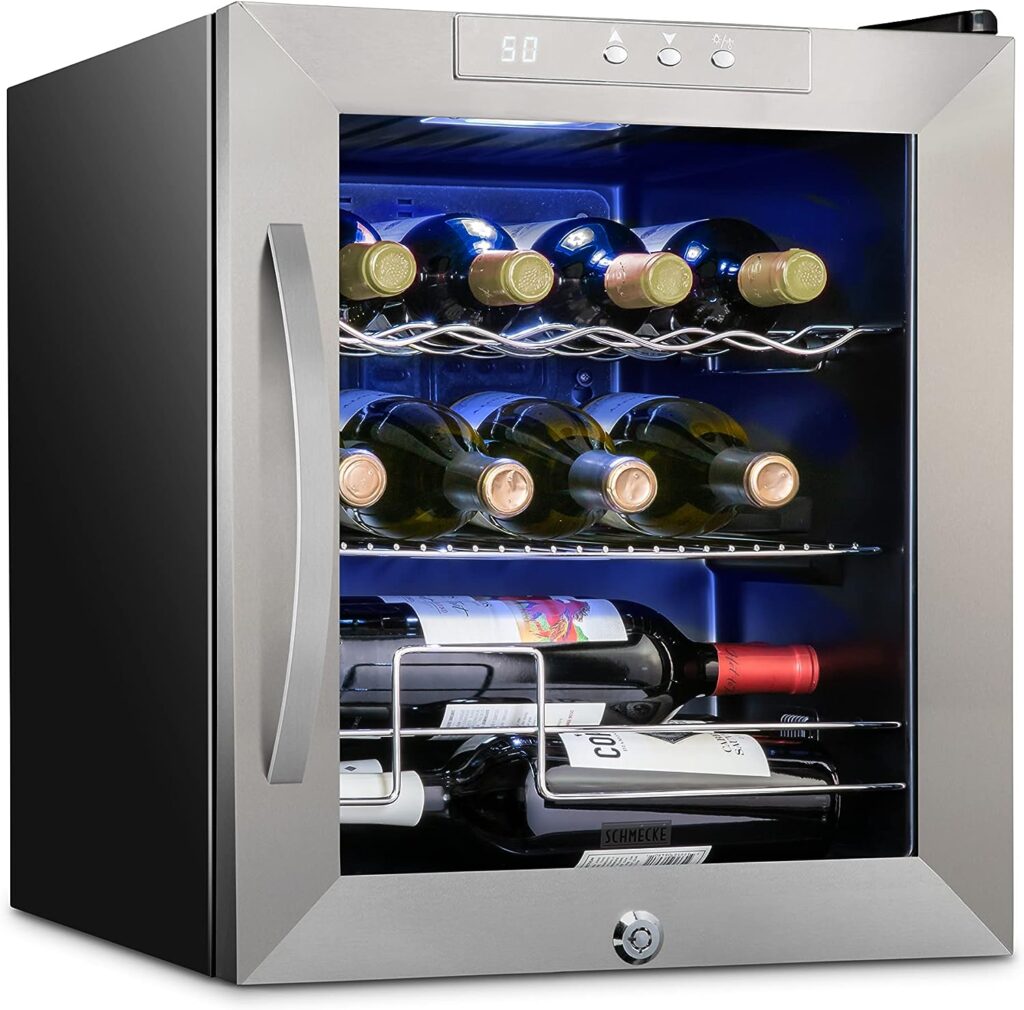 Schmécké 12 Bottle Compressor Wine Cooler Refrigerator w/Lock - Large Freestanding Wine Cellar For Red, White, Champagne or Sparkling Wine - 41f-64f Digital Temperature Control Fridge Stainless Steel