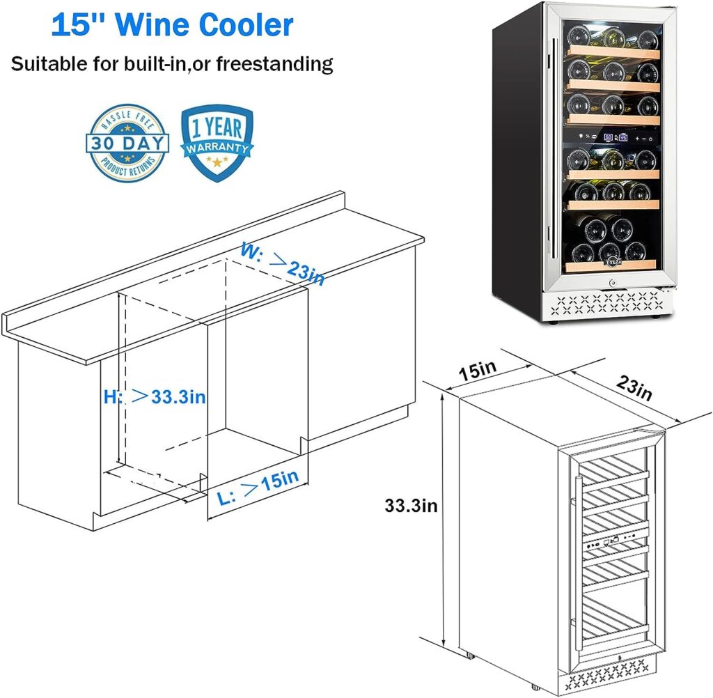 Tylza Mini Fridge 15 Inch Wine Cooler Under Counter, 30 Bottle Dual Zone Wine Fridge with Stainless Steel, Wine Refrigerator Freestanding, and Built-in Wine Cellars TYWC100