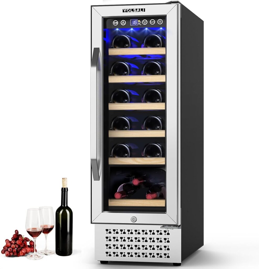 Yolsali 12 Inch Wine Cooler Refrigerators, Wine refrigerator, 18 Bottle Fast Cooling Low Noise and No Fog Wine Fridge, Digital Temperature Control Screen Built-in Freestanding