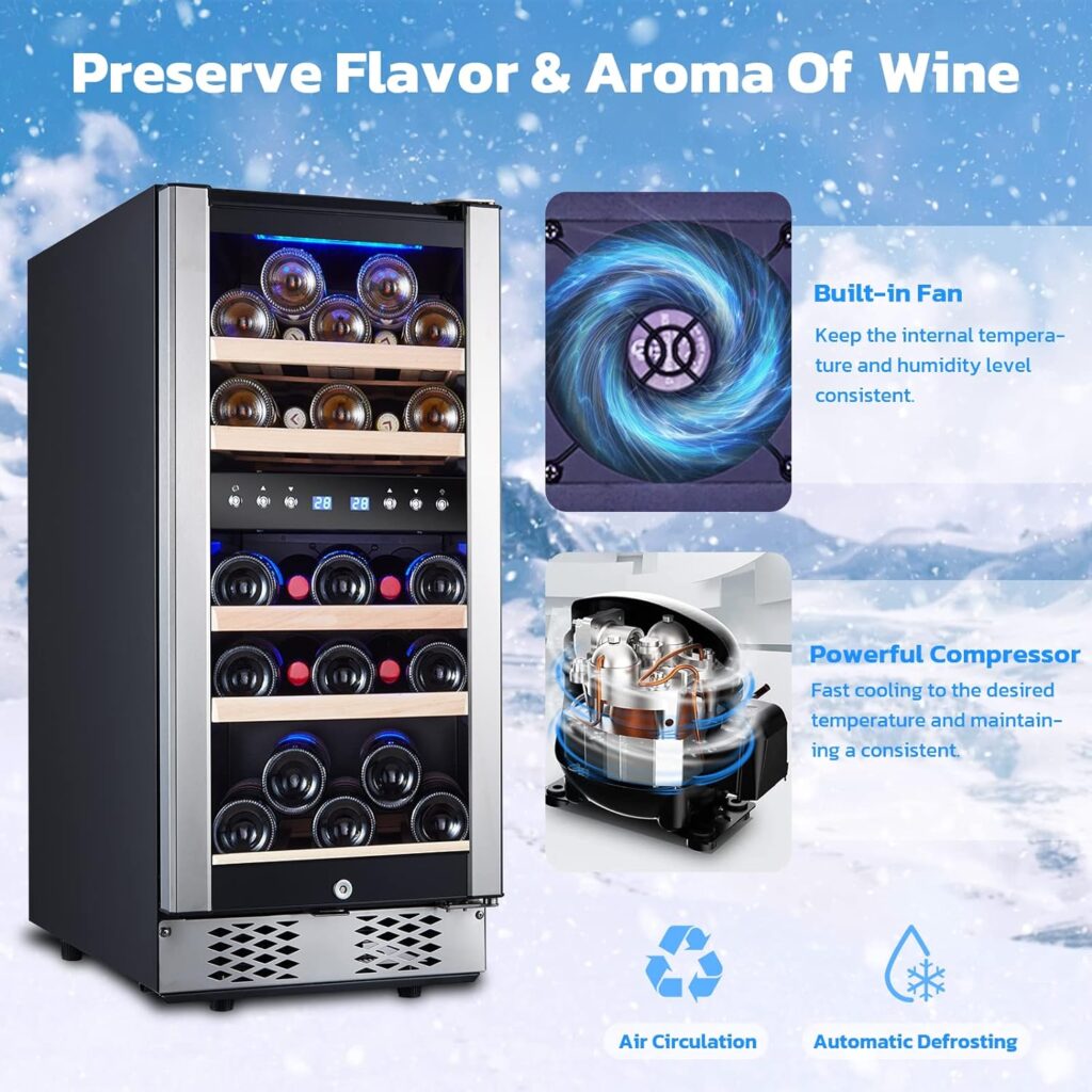 Zevemomo 30 Bottle Wine Fridge 15 Dual Zone Refrigerators Cooler with Upgraded Compressor Digital Memory Temperature Control, Low Noise Glass Door, Silver Black