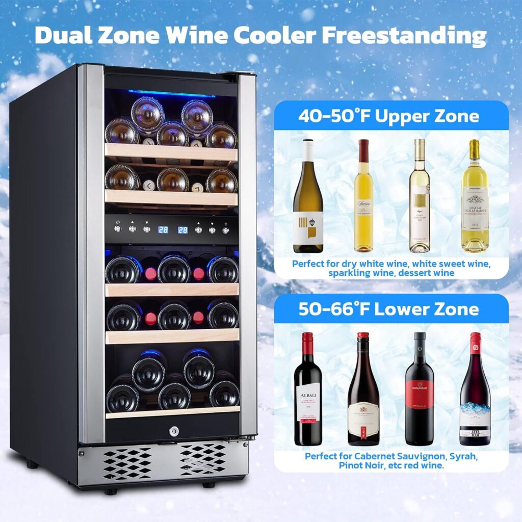 Zevemomo 30 Bottle Wine Fridge 15 Dual Zone Refrigerators Cooler with Upgraded Compressor Digital Memory Temperature Control, Low Noise Glass Door, Silver Black