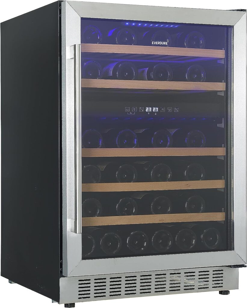 Everdure 46 Bottle Luxury Wine Cooler  Beverage Refrigerator, Built in or Free-Standing, Dual Zone, Stainless Steel with Reversible Glass Door, Beech Wood Shelves and LED Display Touchpad