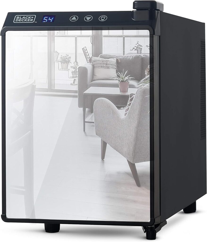 BLACK+DECKER 6 Bottle Wine Fridge, Wine Cooler with Mirrored Front, Mini Wine Fridge Thermoelectric, BD60316