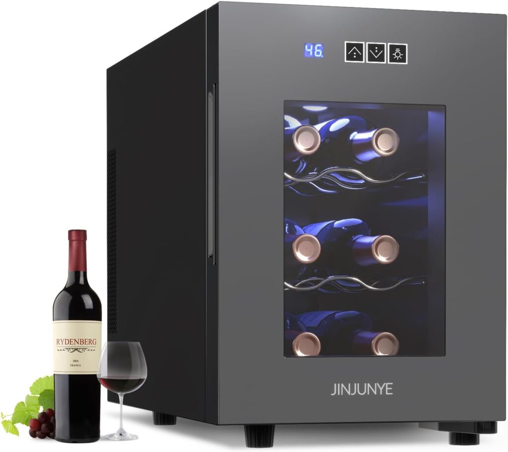 JINJUNYE 6 Bottle Wine Cooler Refrigerator, Small Wine Fridge, Countertop Wine Cooler with Digital Temperature Control, Mini Freestanding Wine Cellars Glass Door, Gift for Men