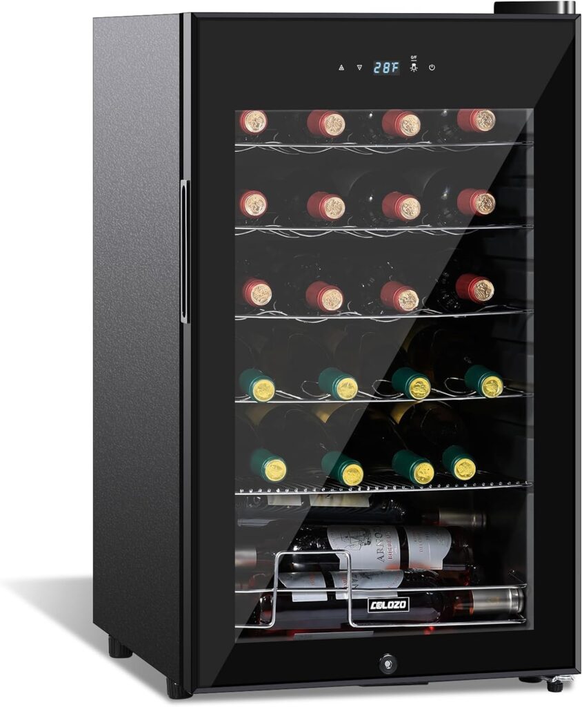 COLOZO 17 inch Wine Cooler Refrigerators Freestanding Under Counter Compact Bar Beverage Fridge 24 Bottle Countertop Double-Layer Tempered Glass Door Wine Cellars with Professional Compressor