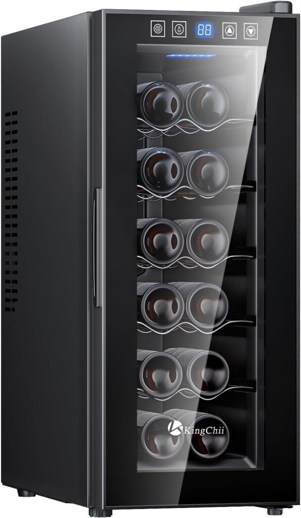 KingChii 12 Bottle Thermoelectric Wine Cooler Refrigerator Advanced Cooling Technology, Stainless Steel  Tempered Glass For Red Wine, Champagne for Home, Kitchen, or Office