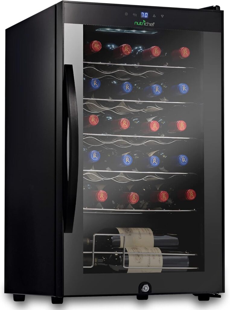 NutriChef 24 Bottle Compressor Wine Cooler Refrigerator Cooling System | Large Freestanding Wine Cellar Fridge For Red And White Champagne or Sparkling, Black Glass Door