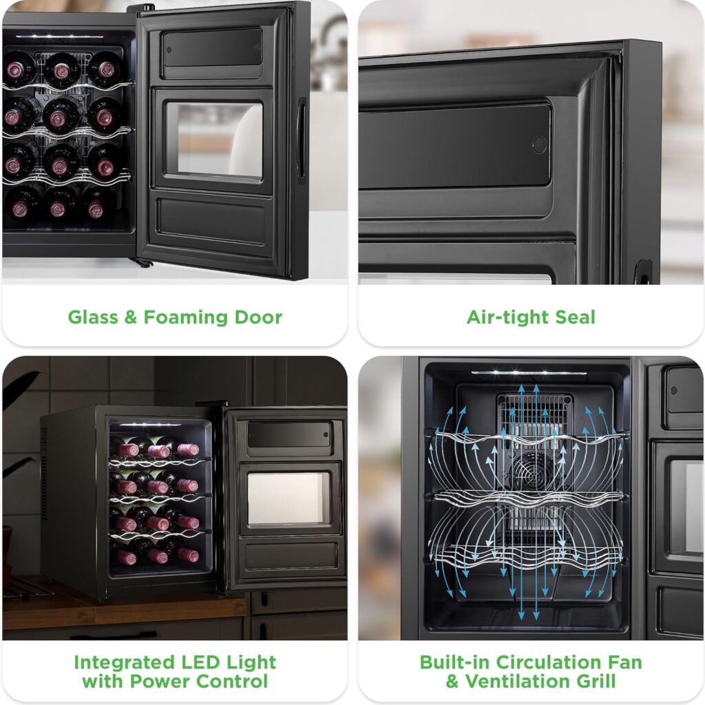 NutriChef PKCWC128 Chilling Refrigerator Cellar-Single-Zone Wine Cooler/Chiller, Digital Touch Button Control with Air Tight Seal, Contains Placement for Standing (12 Bottle Storage Capacity), Black