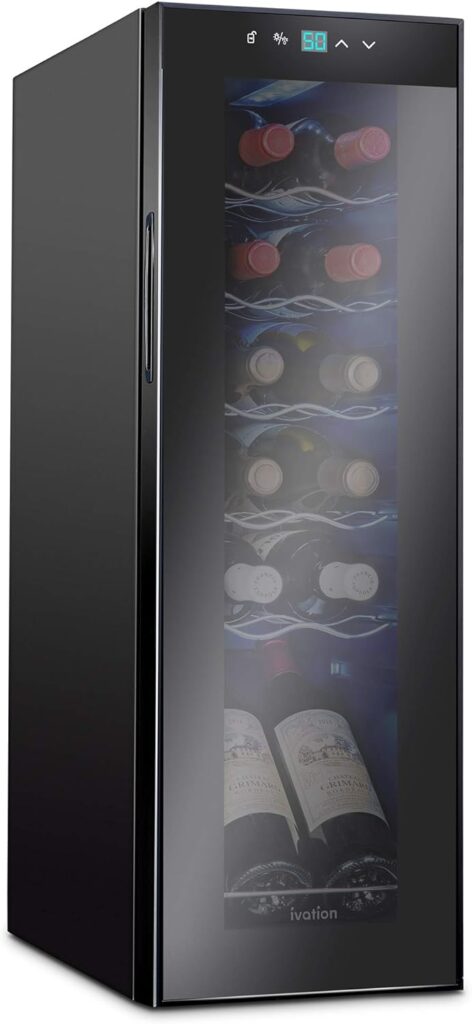 Ivation 12 Bottle Compressor Wine Cooler Refrigerator | Large Freestanding Wine Cellar For Red, White, Champagne or Sparkling Wine | 41f-64f Digital Temperature Control Fridge Glass Door Black