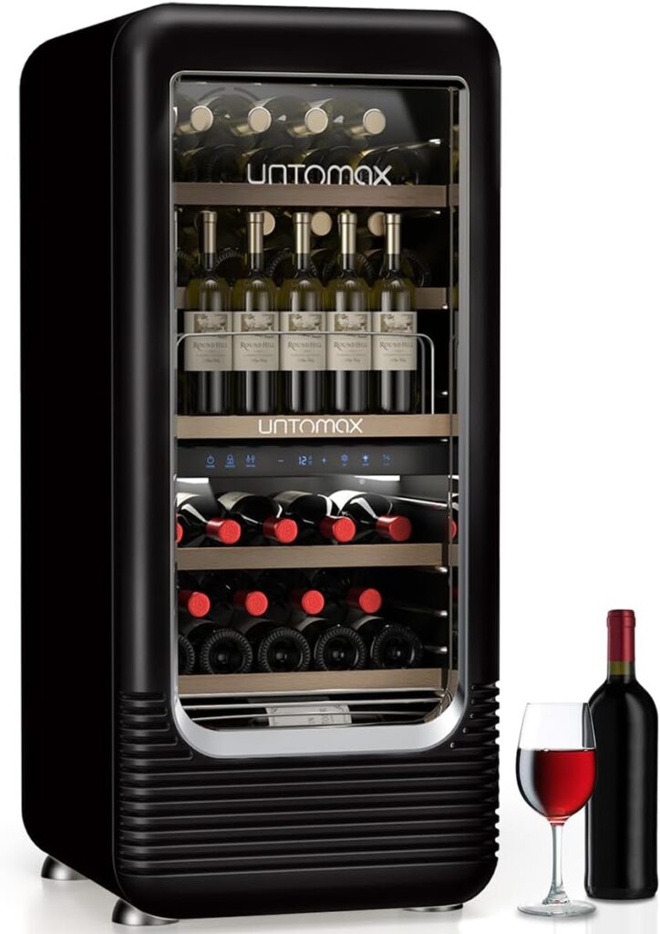 56 Bottles Wine Fridge Retro Dual Zone Wine Cooler Refrigerator, 41F-72F Freestanding Wine Cellar for Red/White/Champagne, Temperature Memory Quiet Compressor for Kitchen/Office, Black