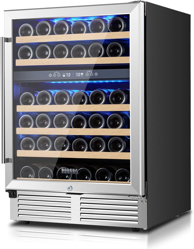 BODEGA Upgraded 24 Inch Wine Cooler Refrigerator 46 Bottle Dual Zone Wine Fridge with Double-Layer Tempered Glass Door and Temperature Memory Function,Built-in or Freestanding