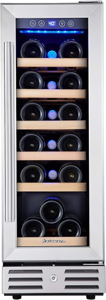 Kalamera Mini Fridge 18 Bottle - 12 inch Wine Cooler Refrigerator, Built-in or Freestanding, with Stainless Steel  Double-Layer Tempered Glass Door, and Temperature Memory Function Wine Fridge