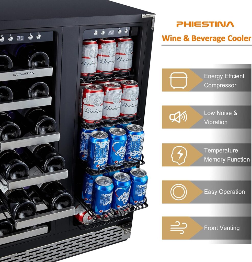 Phiestina Wine Cooler, 15 inch Built-in/Freestanding Wine Refrigerator, 29 Bottles Dual Zones Small Fridge with Memory Function, Auto Defrost  Removable Shelves Glass Door, for Home Bar Office