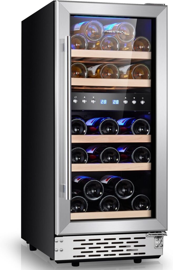 Phiestina Wine Cooler, 15 inch Built-in/Freestanding Wine Refrigerator, 29 Bottles Dual Zones Small Fridge with Memory Function, Auto Defrost  Removable Shelves Glass Door, for Home Bar Office