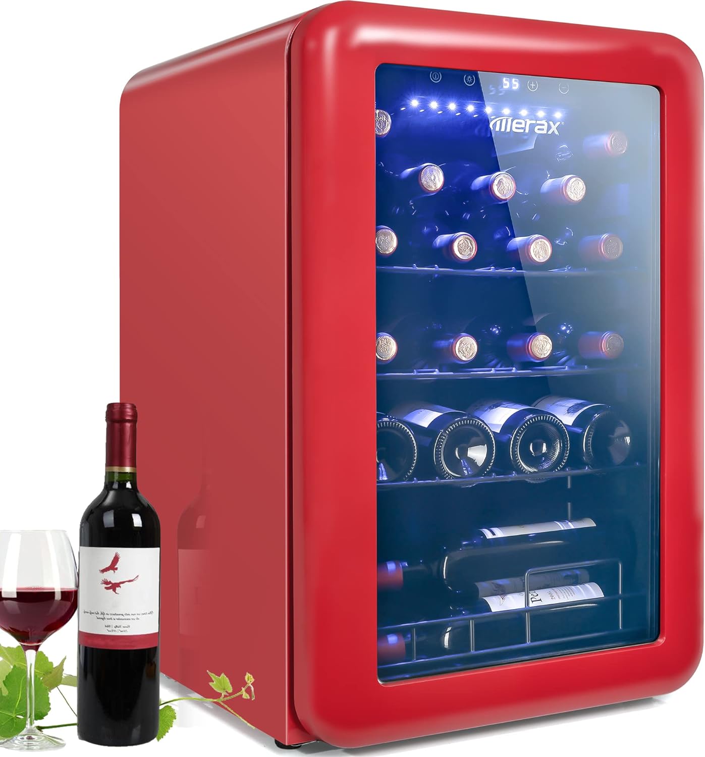 24 Bottle Wine Cooler - Quiet Counter Top Wine Chiller Beverage Refrigerator, Freestanding Wine Refrigerator with Digital Display (Red)