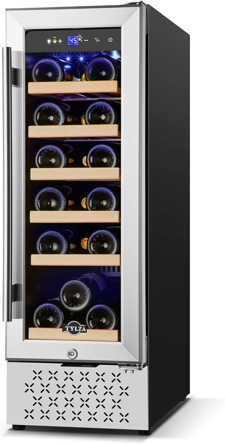 Tylza 12 Wine Cooler Refrigerator 18 Bottle Capacity, Compact Freezerless, No Energy Star, Temperature Stability, Low Noise, Double-Layer Tempered Glass Door