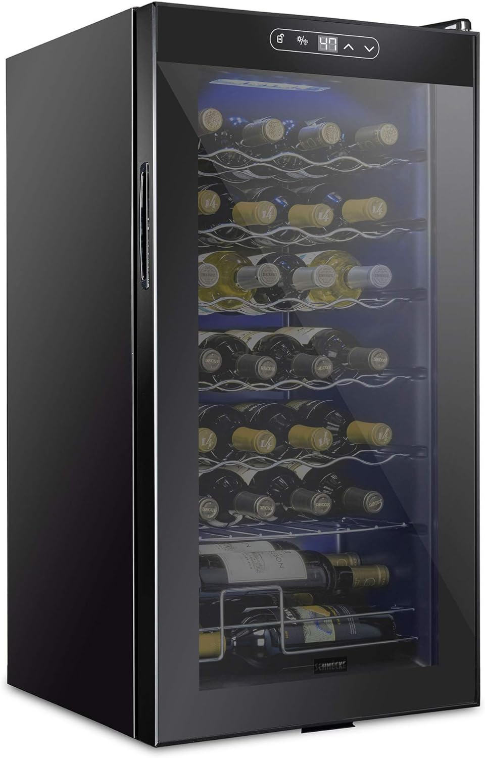 Schmecke 28 Bottle Compressor Wine Cooler Refrigerator | Large Freestanding Wine Cellar | 41f-64f Digital Temperature Control Wine Fridge For Red, White, Champagne or Sparkling Wine - Black