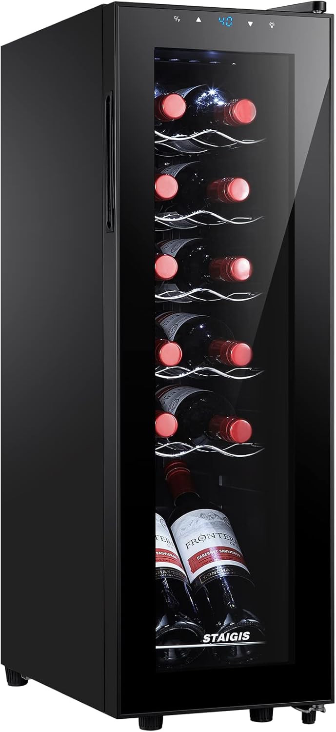 12 Bottle Compressor Wine Cooler Refrigerator, Small Freestanding Wine Fridge for Red, White and Champagne, Mini Fridge with 40-66F Digital Temperature Control Glass Door