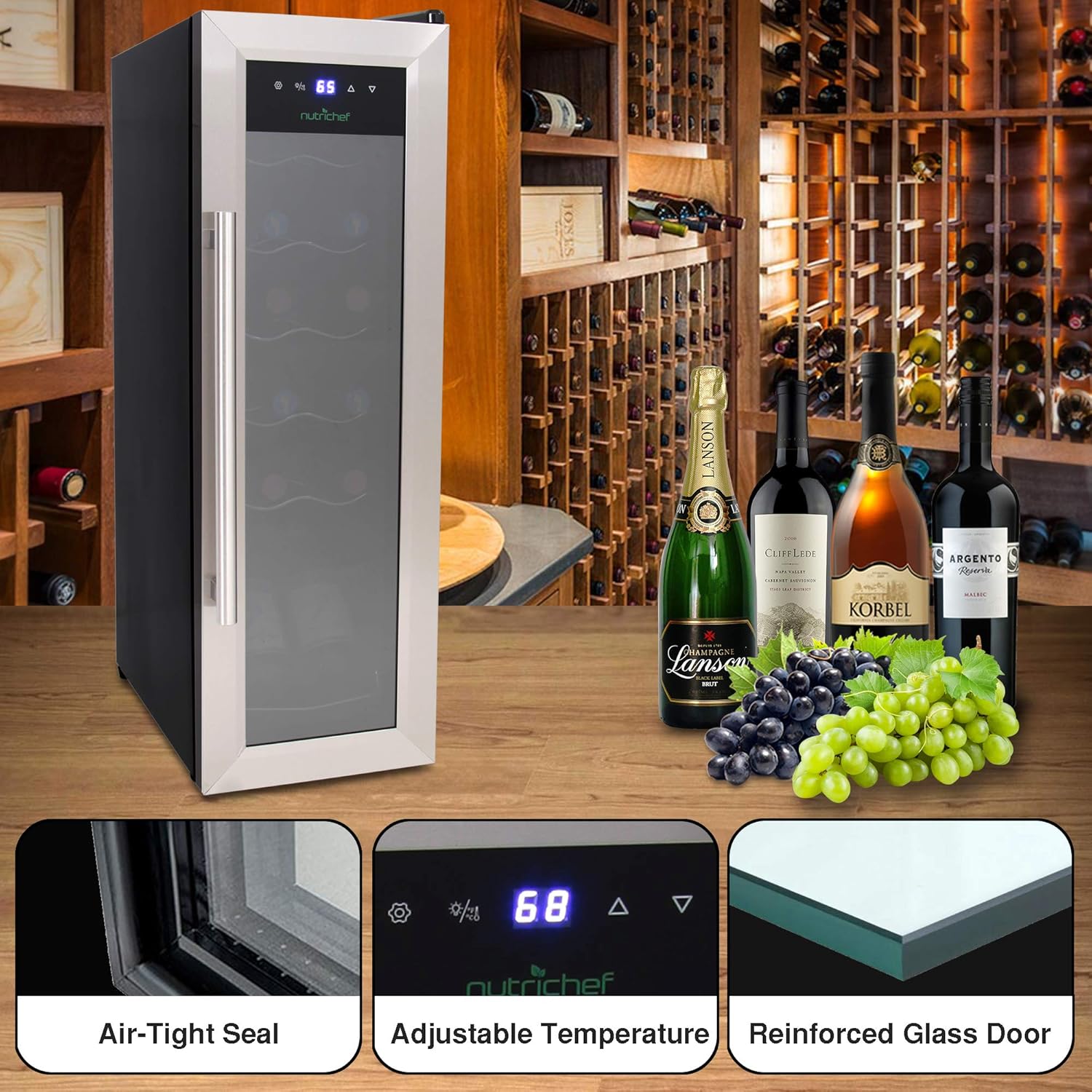 NutriChef PKCWC12 Cooler Refrigerator White And Red Countertop Chiller, Freestanding Compact Mini Wine Fridge with Digital Control, 12 Bottle-Stainless Steel