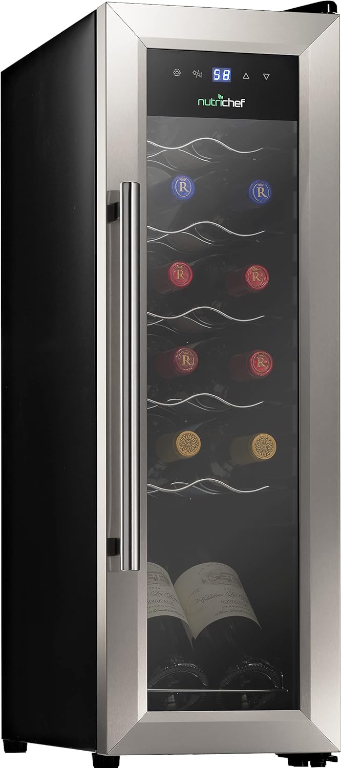 NutriChef PKCWC12 Cooler Refrigerator White And Red Countertop Chiller, Freestanding Compact Mini Wine Fridge with Digital Control, 12 Bottle-Stainless Steel