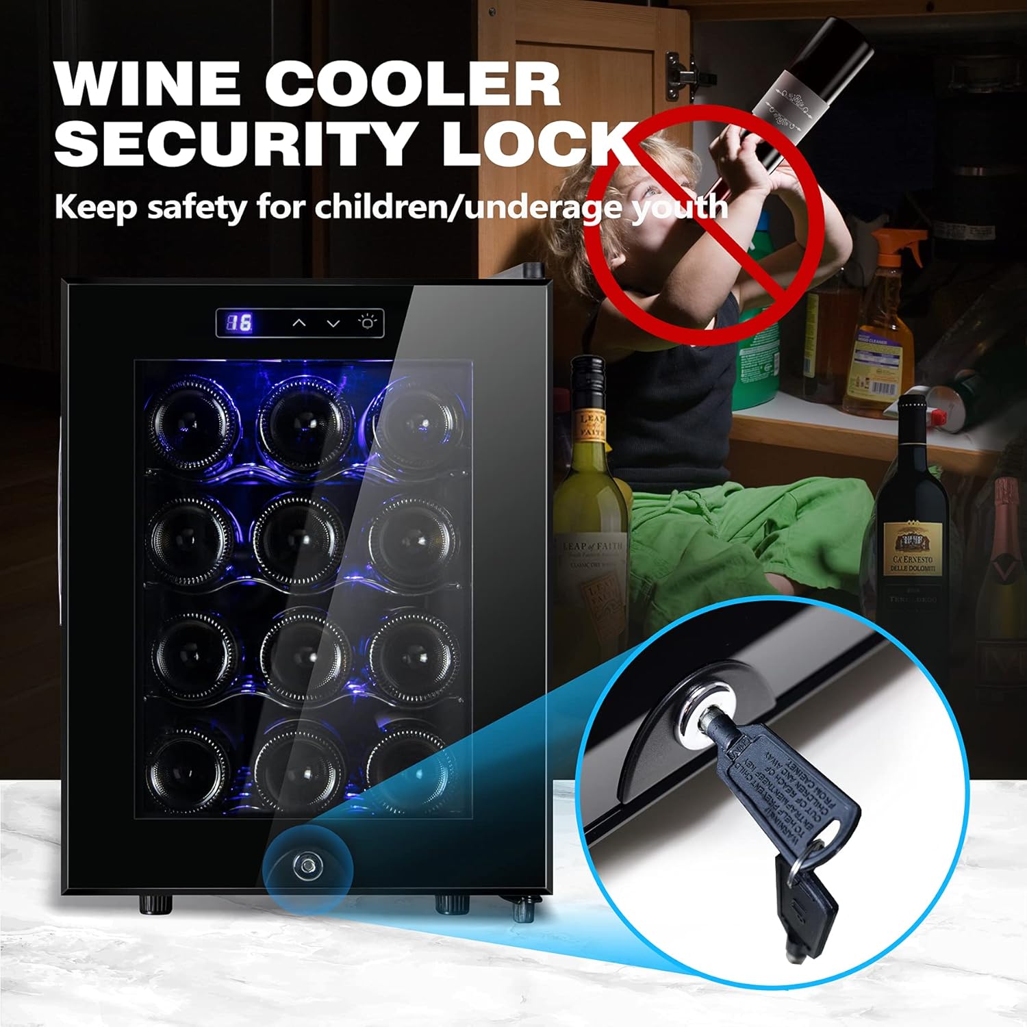 12 Bottle Wine Cooler Refrigerator,Wine Fridge Freestanding with Lock  Digital Temperature Control Fridge Glass Door,Mini Wine Cabinet for Red, White, Champagne or Sparkling