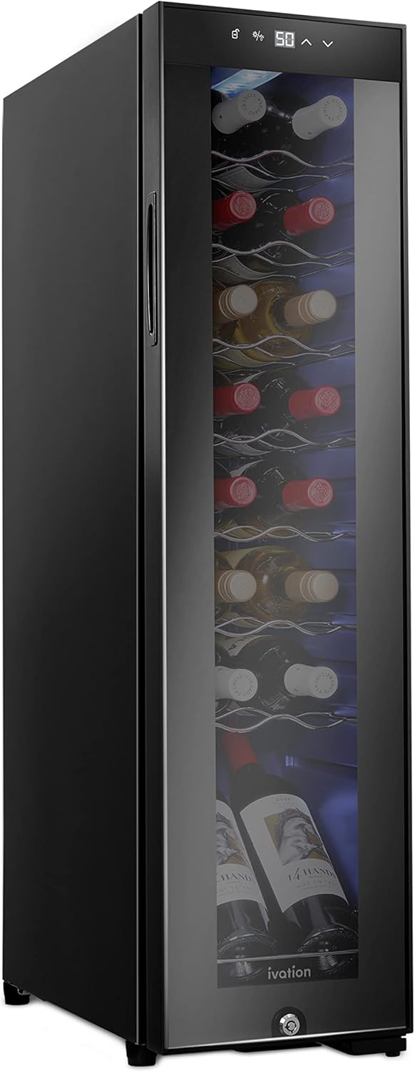 Ivation 16 Bottle Compressor Wine Cooler Refrigerator w/Lock | Large Freestanding Wine Cellar For Red, White, Champagne or Sparkling Wine | 41f-64f Digital Temperature Control Fridge Glass Door Black