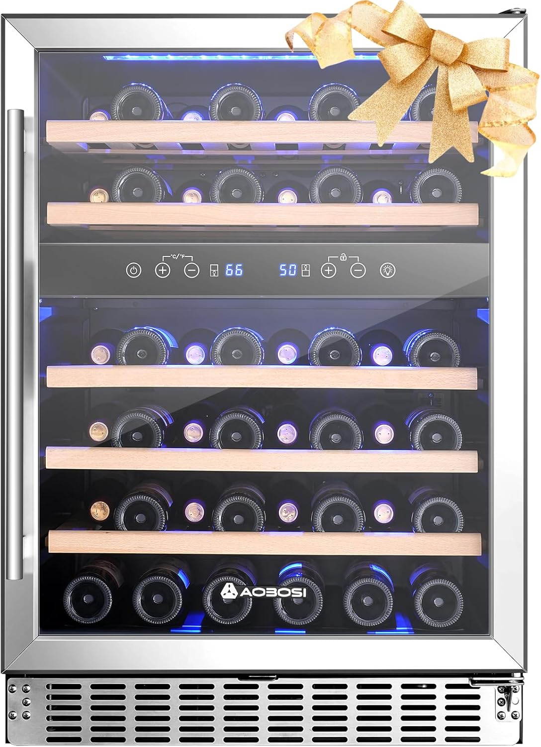 AAOBOSI +Upgraded+ 24 Inch Wine Fridge, 46 Bottles Wine Cooler with Dual Zone, Freestanding and Built-in Wine Refrigerator with Adjustable Shelves and Safety Lock, Double-Layer Glass Door, LED Light