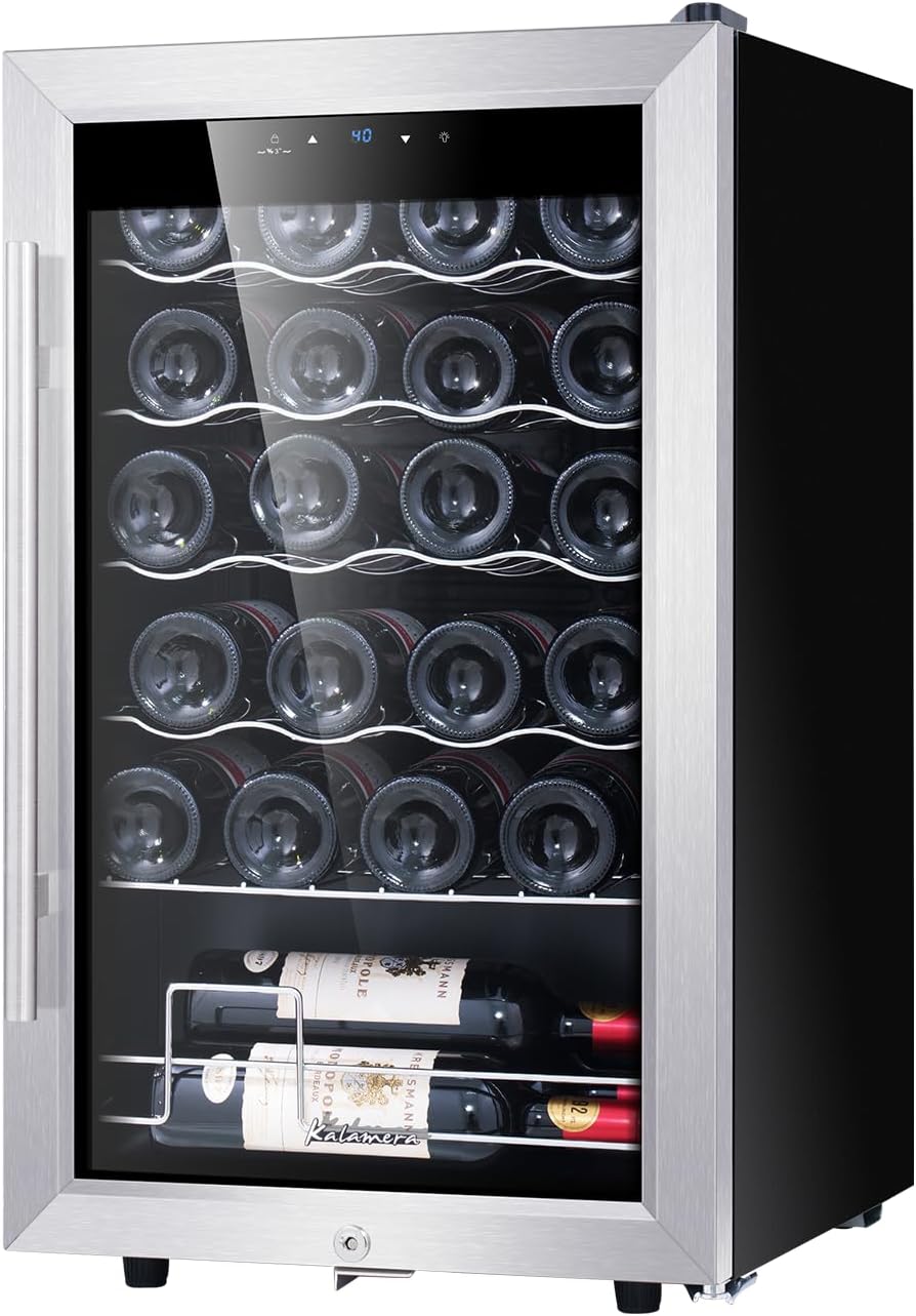 Kalamera Mini Fridge 18 Bottle - 12 inch Wine Cooler Refrigerator, Built-in or Freestanding, with Stainless Steel  Double-Layer Tempered Glass Door, and Temperature Memory Function Wine Fridge