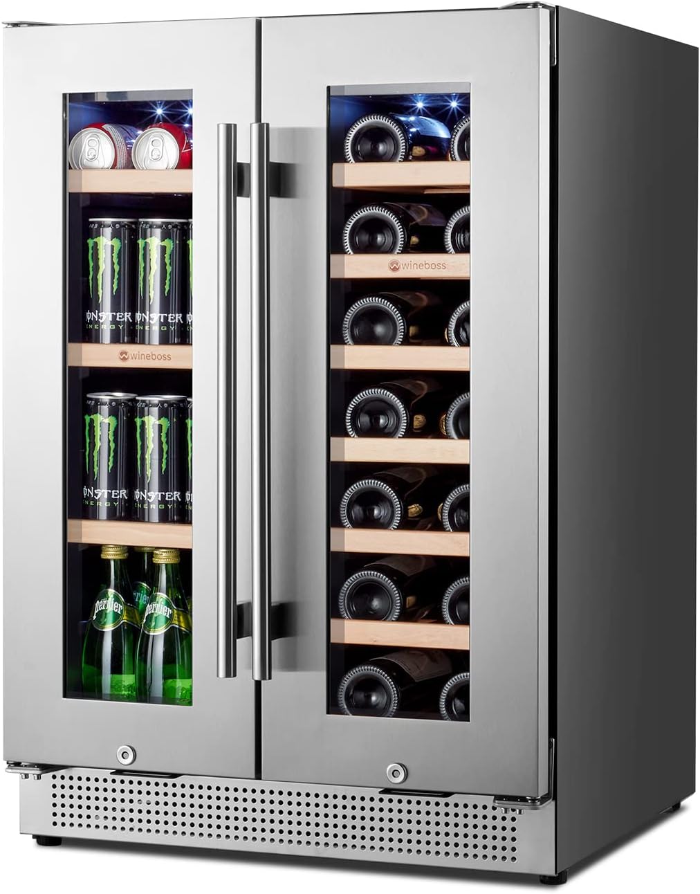 24 Inch Wine and Beverage Refrigerator, 20 Bottle  88 Cans Dual Zone Beverage Fridge, Built-in Cabinet Wine Cooler, Freestanding Drink Chiller with Upgraded Compressor for Commercial Office